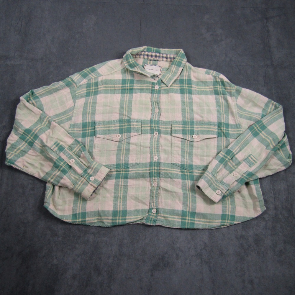 American Eagle Flannel Shirt Womens XL Green Plaid Cotton Button Down Pocket